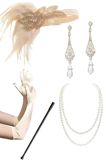 Champagne con frange paillettes 1920s Dress con 5 pezzi Set di accessori